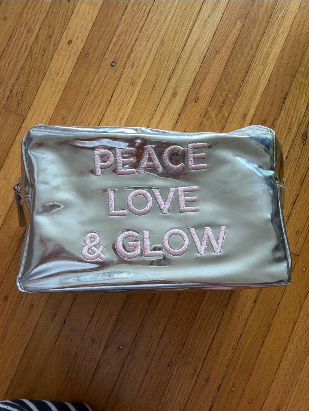 Peace Love & Glow Metallic Cosmetic Bag - Silver with Pink Embroidery